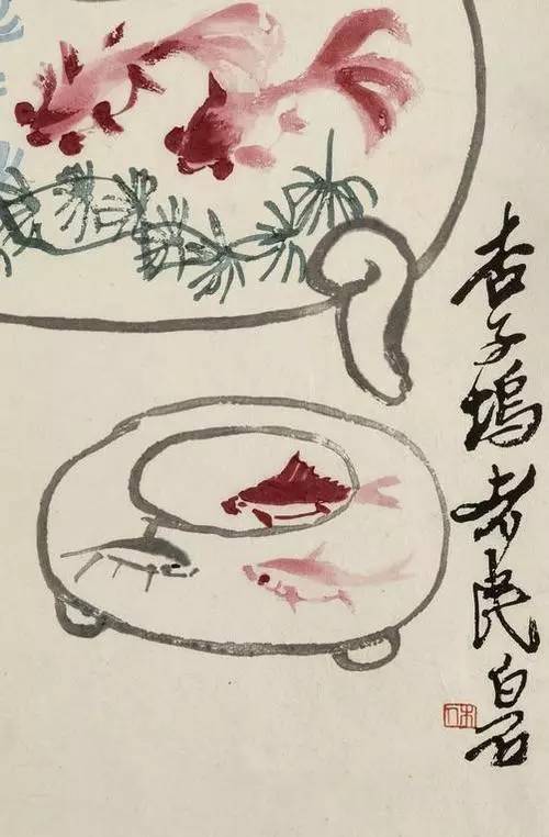 国画直幅落款字下盖印，直下底角，不可再盖压角閒章。如右上落款，左下角可盖閒章