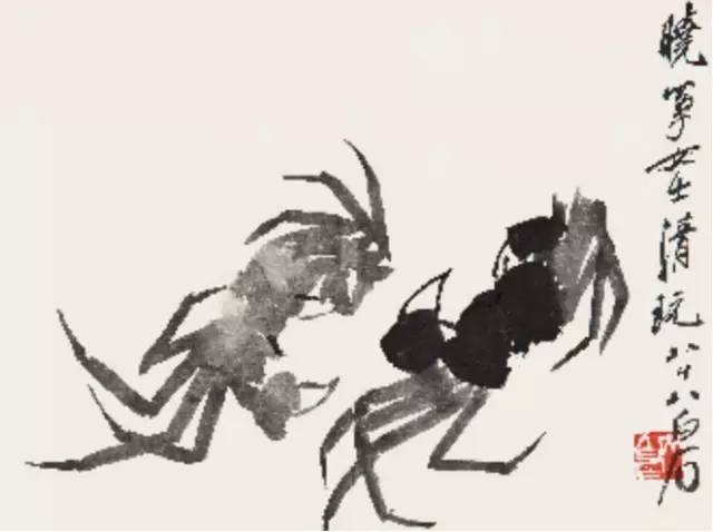 齐白石国画直幅落款字下盖印，直下底角，不可再盖压角閒章。如右上落款，左下角可盖閒章