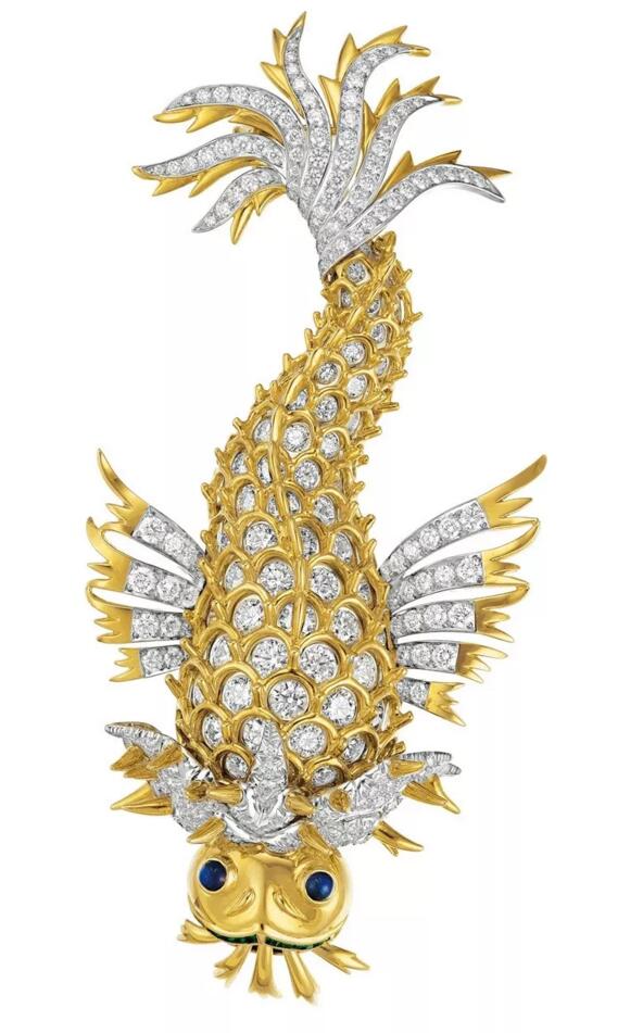 蒂芙尼钻石、蓝宝石、祖母绿和黄金海豚胸针，JeanSchlumberger设计。估价：50,000-70,000美元。将于4月16日在佳士得纽约瑰丽珠宝拍卖呈献