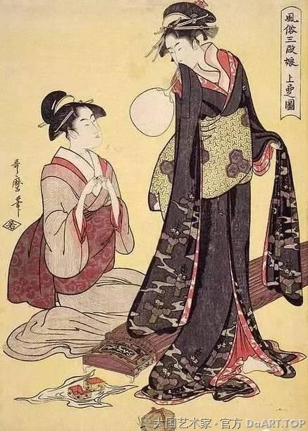浮世绘被后人理解为  “虚浮世界的版画”  其最为主要的题材  除了大家所熟知的春宫图  也就是描写色情场面的春画  还有以吉原游女为对象的美人画  以及表现歌舞伎表演者的役者绘  这些广泛的题材  具有浓厚的民俗生活气息      1 美人画   美人画是浮世绘中  最为主要的题材之一  多以江户时代吉原游女为原型  画师菱川师宣将这种题材加以深入  制作了许多独幅的美人画  他笔下的许多人物造型  已经演化成固定模式  出现于各类画卷和屏风上